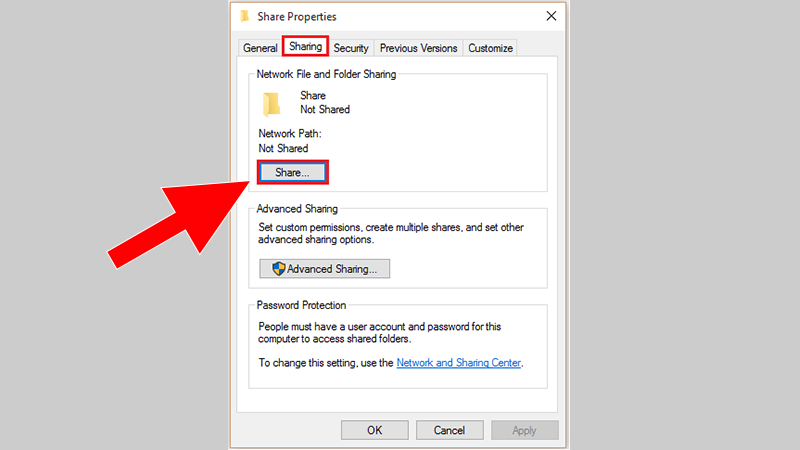 Trên cửa sổ Sharing Properties, bạn click chọn thẻ Sharing. Dưới mục Network file and Folder Sharing, bạn click chọn Share.