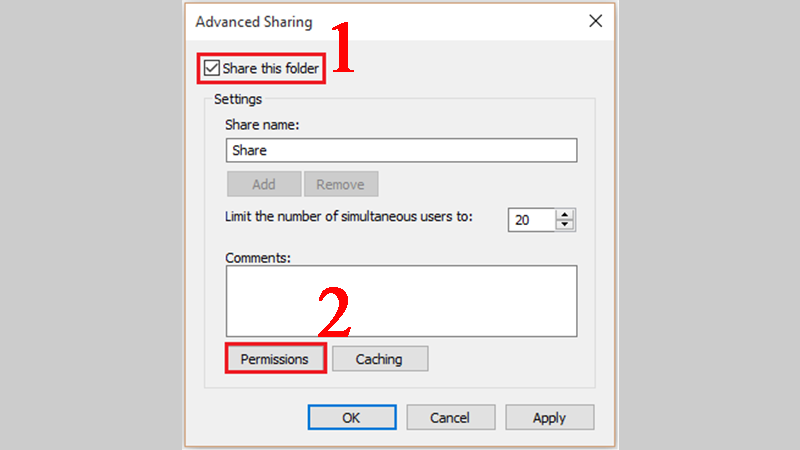 Đánh tích tùy chọn Share this folder, và click chọn Permissions.