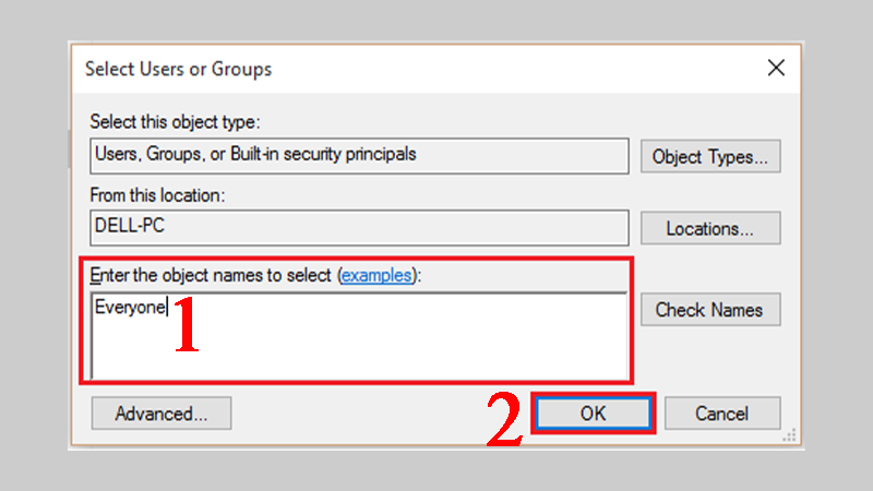 Nhập Everyone vào khung Enter the object names to select rồi click chọn OK.