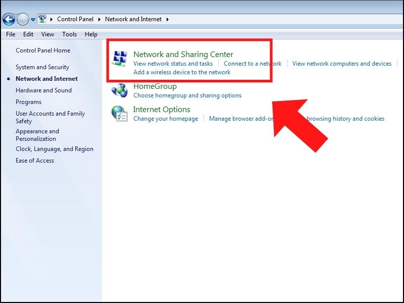 Nhấn vào Network and Sharing Center