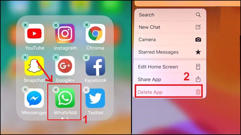 Nhấn giữ lâu trên biểu tượng WhatsApp cho xuất hiện dấu X ở góc trên bên trái biểu tượng ứng dụng > Cửa sổ hộp thoại hiện ra > Nhấn Delete (Xóa). 