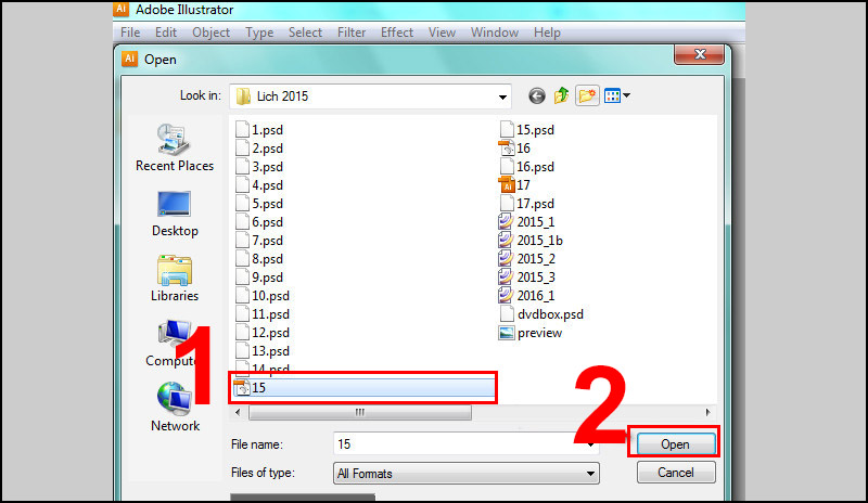Tìm đến file EPS mà bạn muốn chuyển sang định dạng PSD, chọn file cần chuyển đổi và click Open.