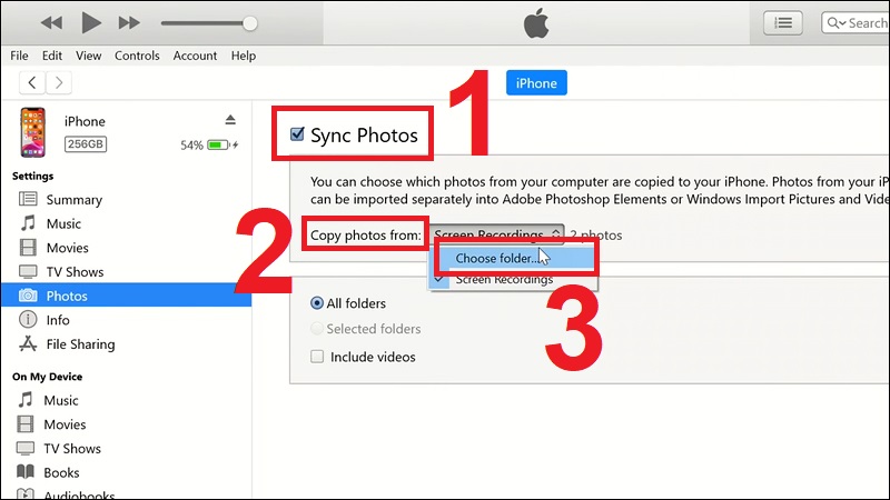 Đánh dấu chọn Sync Photos rồi chọn Choose Folder trong mục Copy photos from