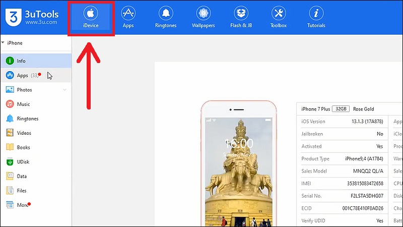 Kết nối iPhone với máy tính, mở 3uTools và chọn mục iDevice