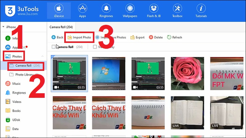 Chọn mục Photo sau đó chọn Camera Roll rồi chọn Import Photo