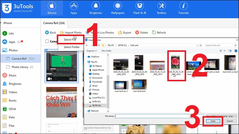 Chọn Select file rồi chọn hình ảnh muốn chuyển vào iPhone sau đó nhấn Open.
