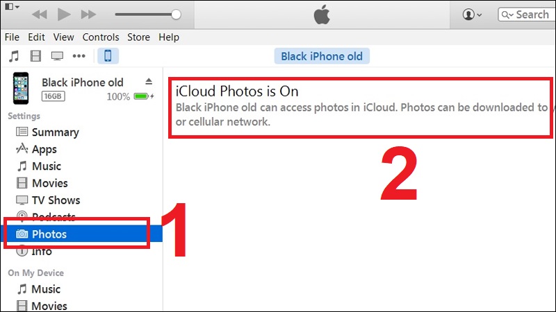 Chọn mục Photos nếu thấy chế độ iCloud photos is On thì tải ảnh vào iPhone bằng iCloud