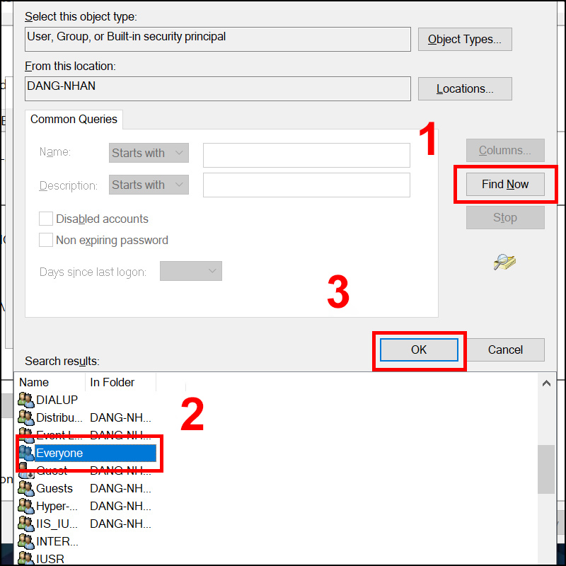 Bấm Find Now và chọn người dùng 