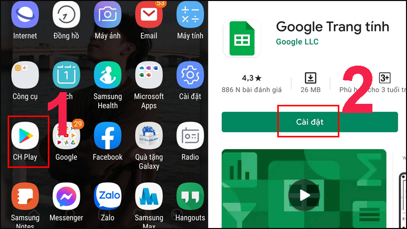 Vào cửa hàng CH Play, gõ Google trang tính > Chọn Cài đặt.