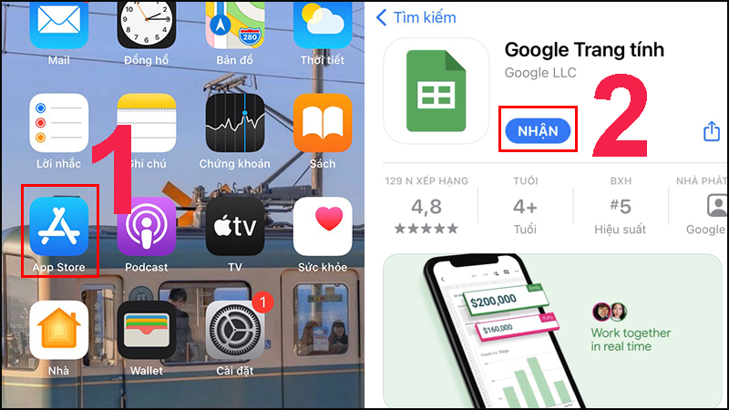 Vào App Store, gõ Google trang tính > Chọn Nhận để tải về iPhone.
