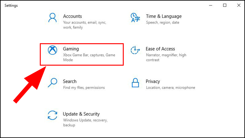 Trong Settings, bấm v&agrave;o mục Gaming.