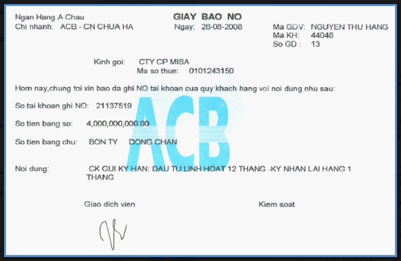 Giấy báo nợ thường thấy ở ngân hàng