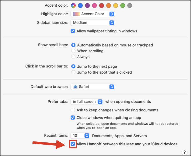 Allow Handoff between this Mac and your iCloud devices