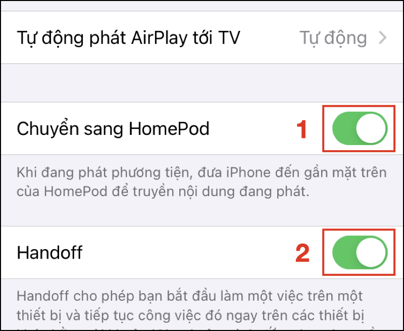 Nhấn chọn bật mục Chuyển sang HomePod