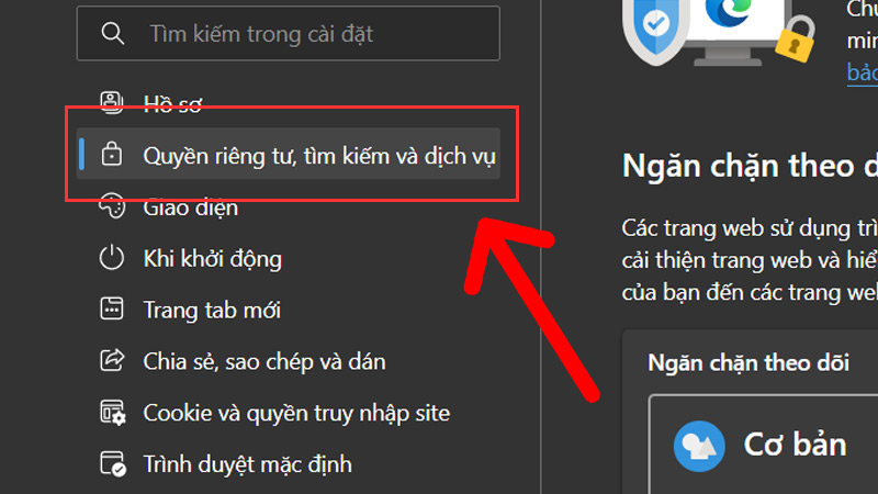 Chọn tab quyền riêng tư