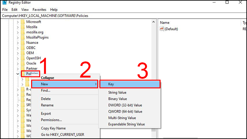 T&igrave;m v&agrave; nhấp chuột phải v&agrave;o thư mục Policies > New > Key > Đặt t&ecirc;n cho key vừa tạo l&agrave; &ldquo;Google&rdquo;.