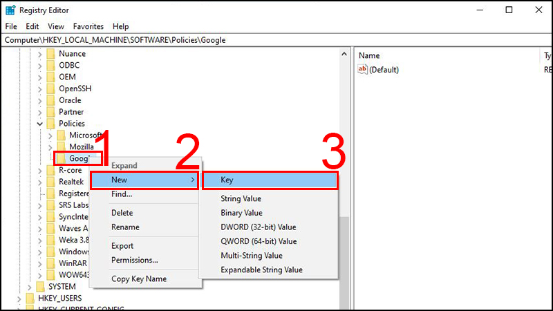 Nhấn chuột phải v&agrave;o thư mục Google > New > Key > Đặt t&ecirc;n cho key mới vừa tạo l&agrave; &ldquo;update&rdquo;.