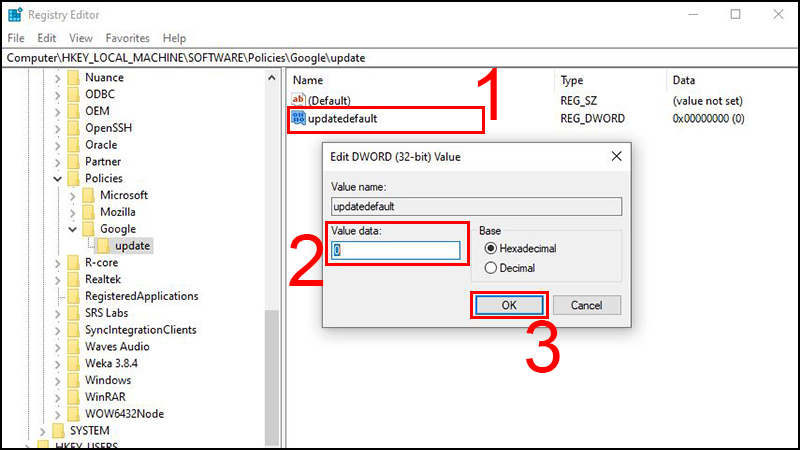 Nhấn đ&uacute;p v&agrave;o &ldquo;updatedefault&rdquo; vừa tạo mới v&agrave; một cửa sổ sẽ hiện ra > Đặt gi&aacute; trị 0 tại Value data > OK để lưu thay đổi.