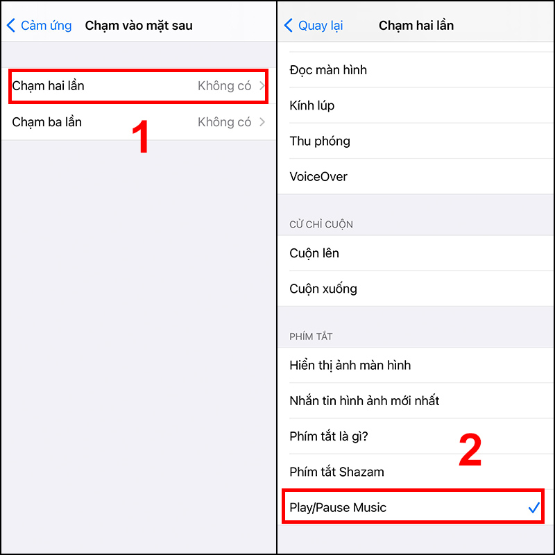 hiết lập c&agrave;i đặt Back Tap