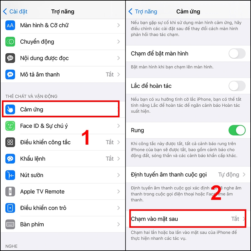 hiết lập c&agrave;i đặt Back Tap