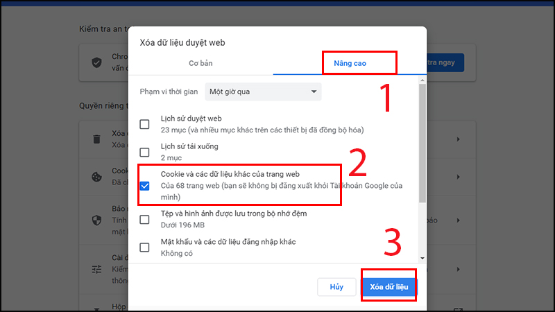 Để xóa dữ liệu, bạn hãy chuyển qua tab Nâng cao và chọn Cookie và các dữ liệu khác của trang web