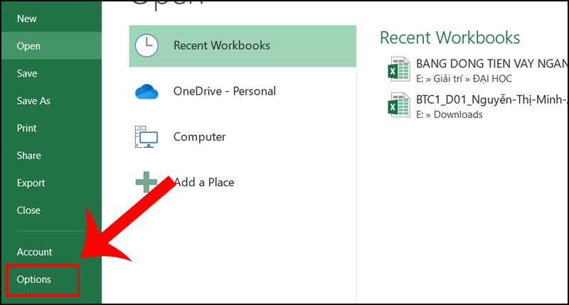 Mở Microsoft Excel và chọn File > Chọn Options