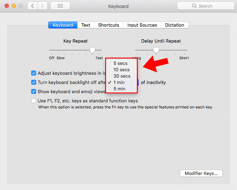 Chọn thời gian bạn muốn đ&egrave;n nền b&agrave;n ph&iacute;m tắt