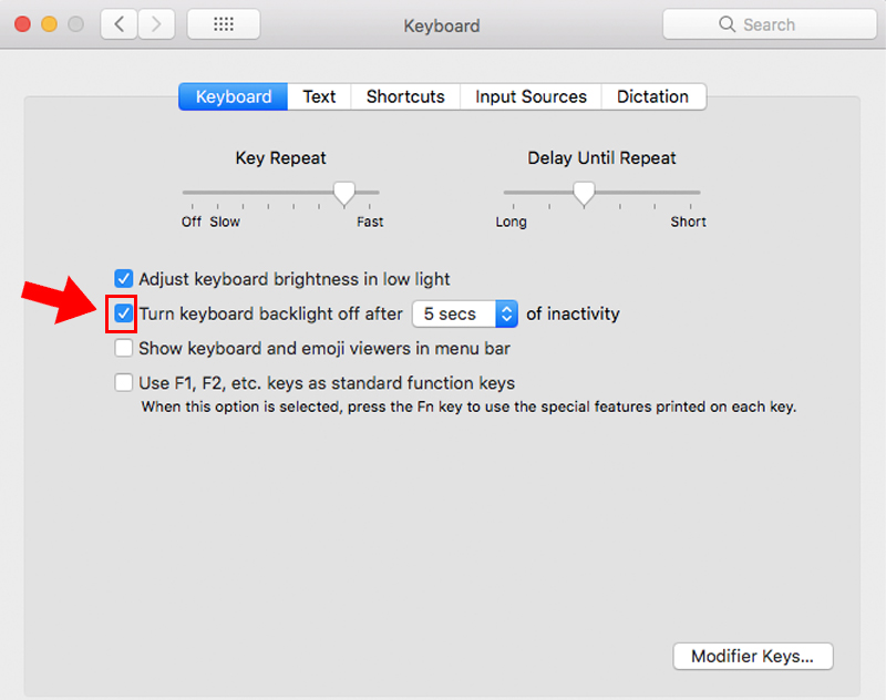 Bật chế độ tự động tắt đ&egrave;n nền b&agrave;n ph&iacute;m
