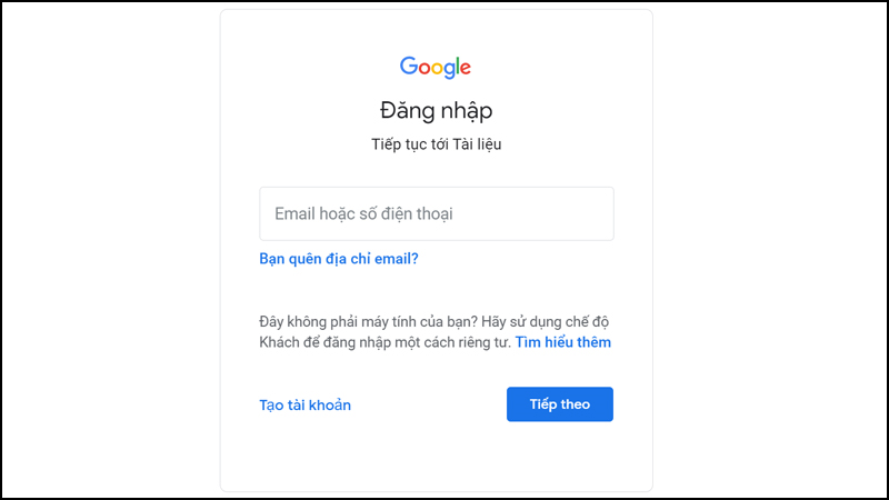 Đăng nhập vào Google Docs bằng mail