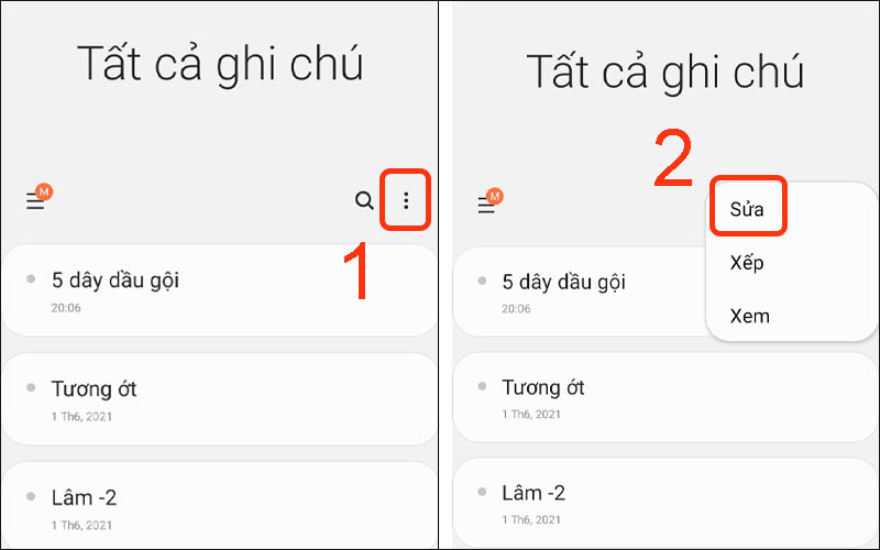 Nhấn vào Sửa trong Samsung Notes