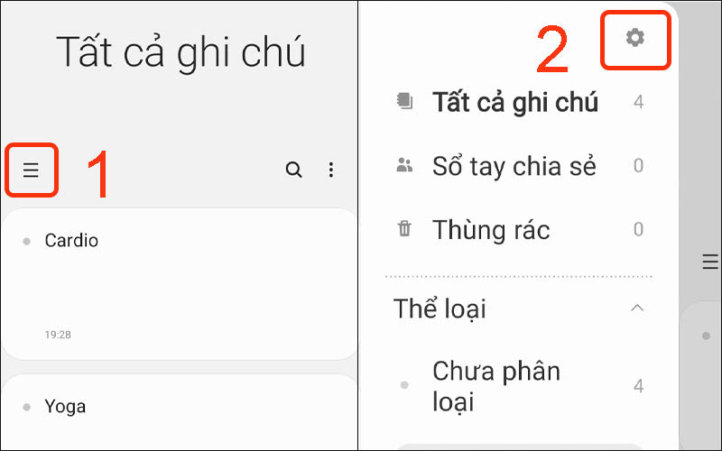 Chọn biểu tượng cài đặt trong Samsung Notes