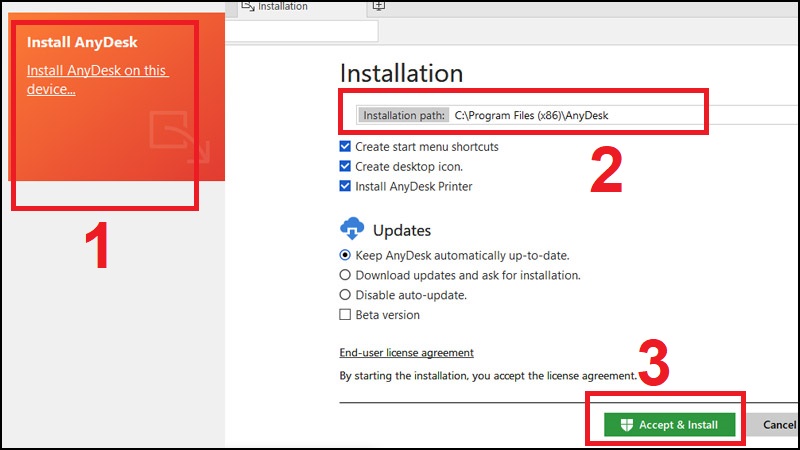 Install AnyDesk on this computer > Chọn thư mục lưu Installation path > Nhấn vào Accept & Install.
