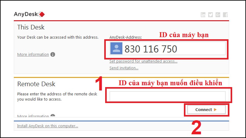 Nhập ID máy tính muốn điều khiển vào phần Remote Desk > Nhấn Connect và đợi đối phương Accept.