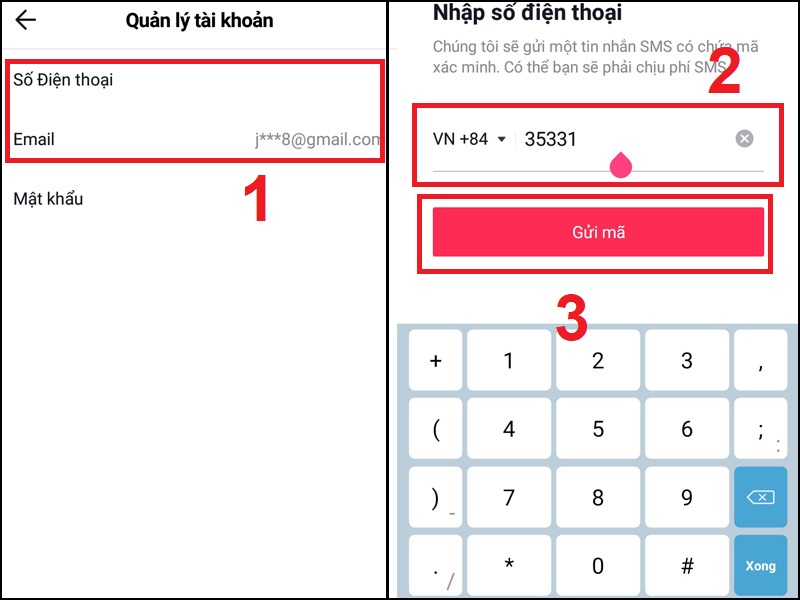 Nhấp vào mục thêm email, sdt > Nhập email, số điện thoại > Gửi mã để xác minh.