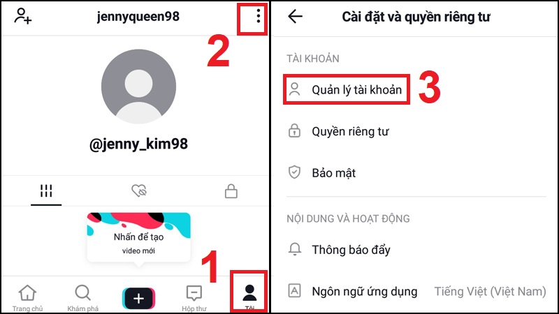 Truy cập biểu tượng người dùng > Chọn dấu 3 chấm > Quản lý tài khoản