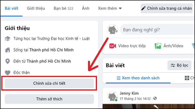 Đăng nhập vào nick Facebook  Tại phần Giới thiệu  Nhấn vào Chỉnh sửa chi tiết.