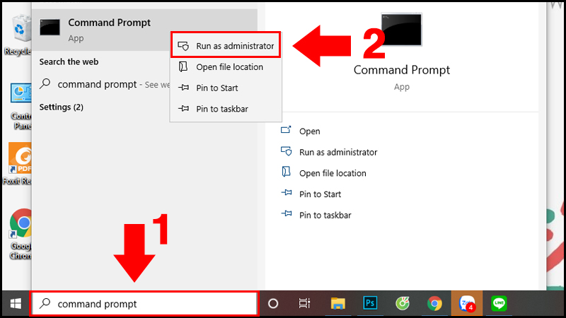 Mở Command Prompt với quyền admin.