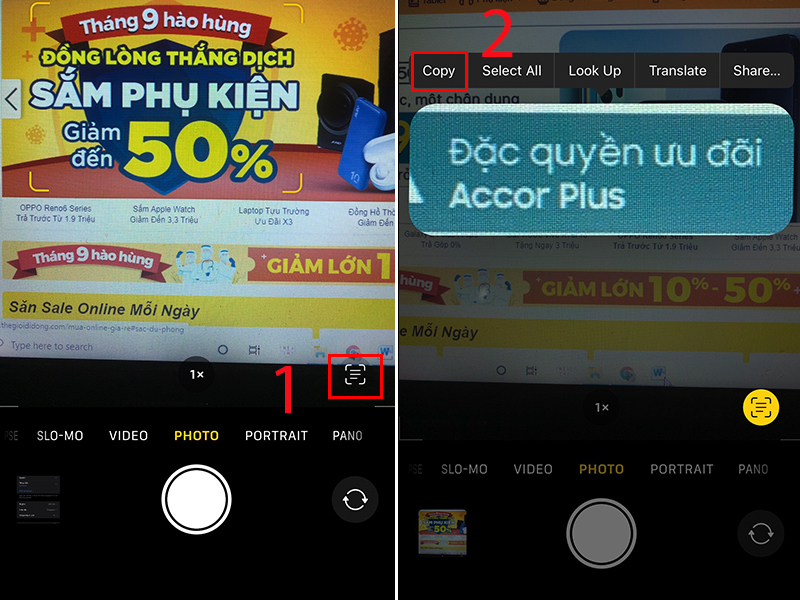 Bấm vào biểu tượng scan như màn hình và chọn phần văn bản muốn sao chép