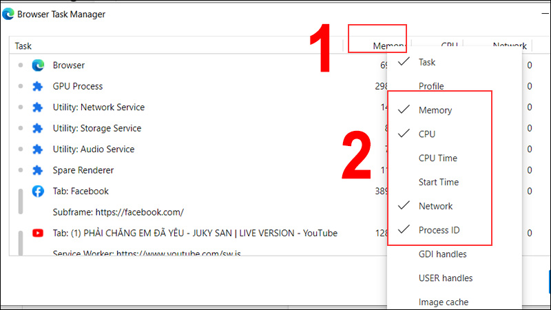chọn Process ID, Memory, CPU chọn Process ID, Memory, CPU