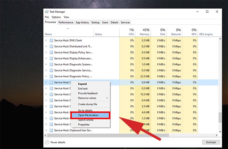 Kiểm tra vị trí của svchost.exe