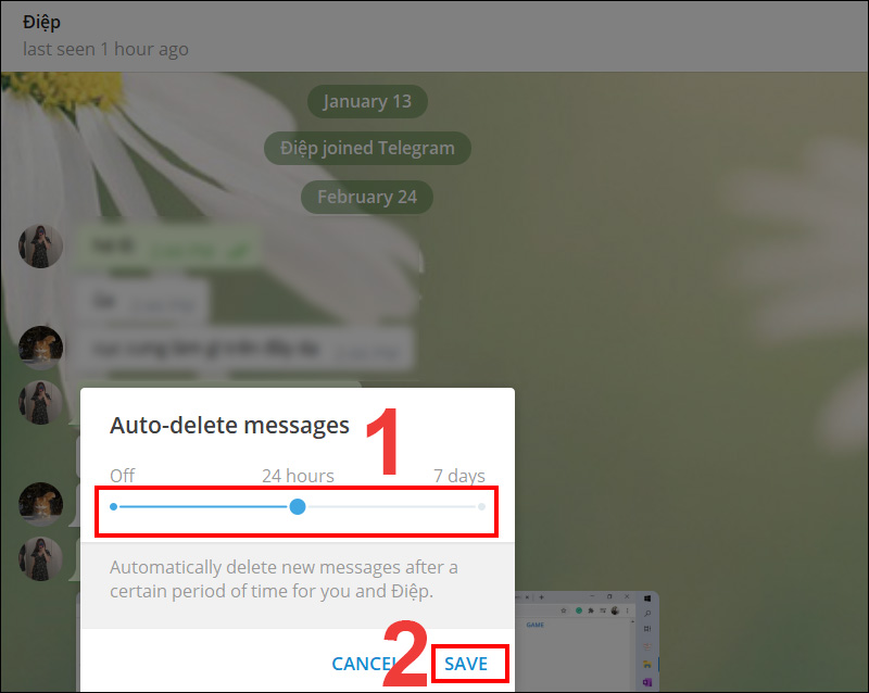 Chọn thời gian mà bạn muốn xóa sau khi trò chuyện > Save