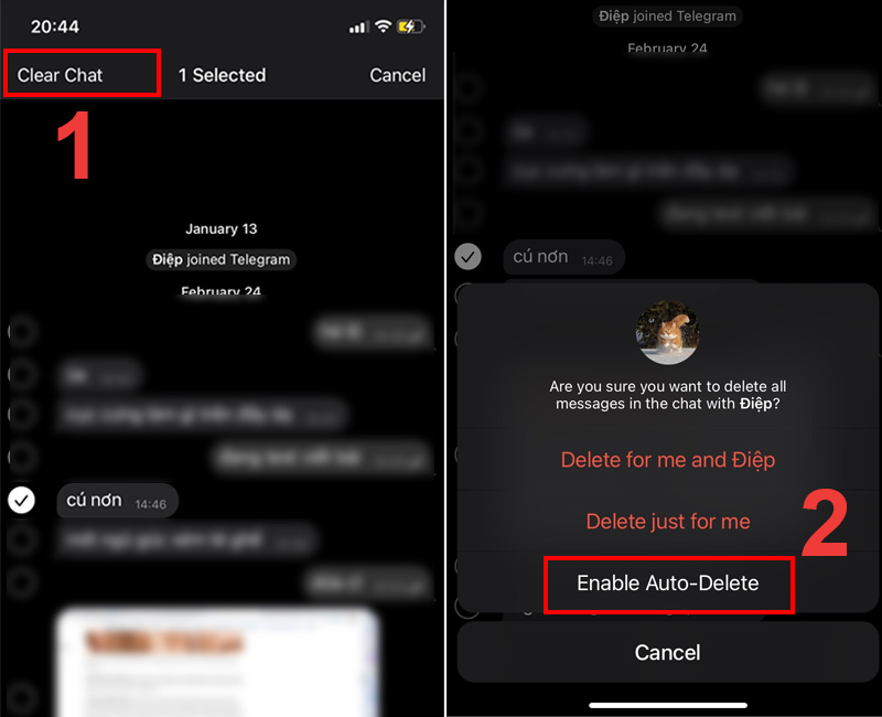 Chọn Clear chat ở góc trên bên trái > Enable Auto-Delete