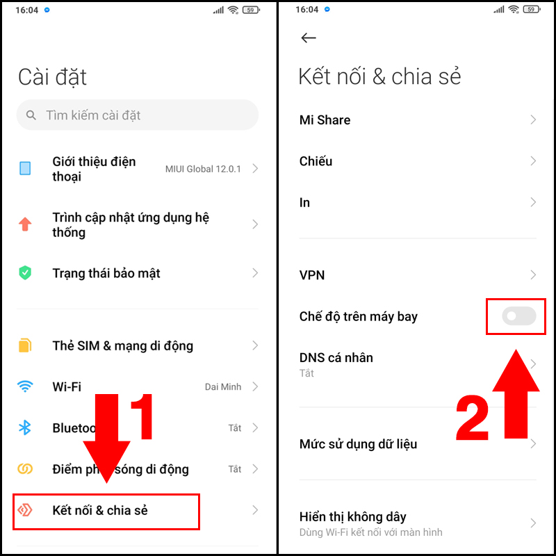 Bật v&agrave; tắt chế độ M&aacute;y bay
