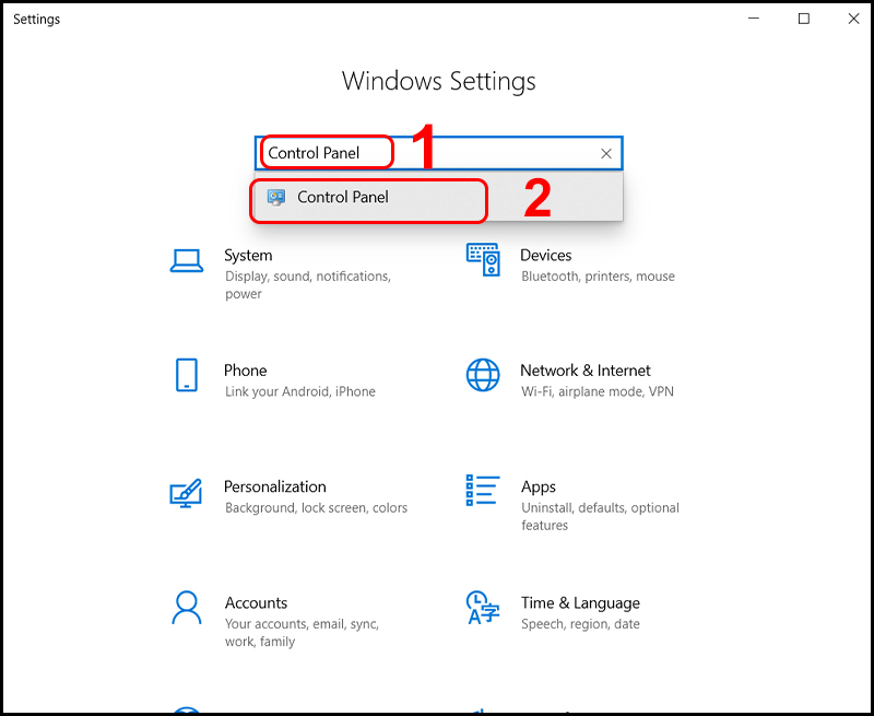 Tìm kiếm trong mục Settings