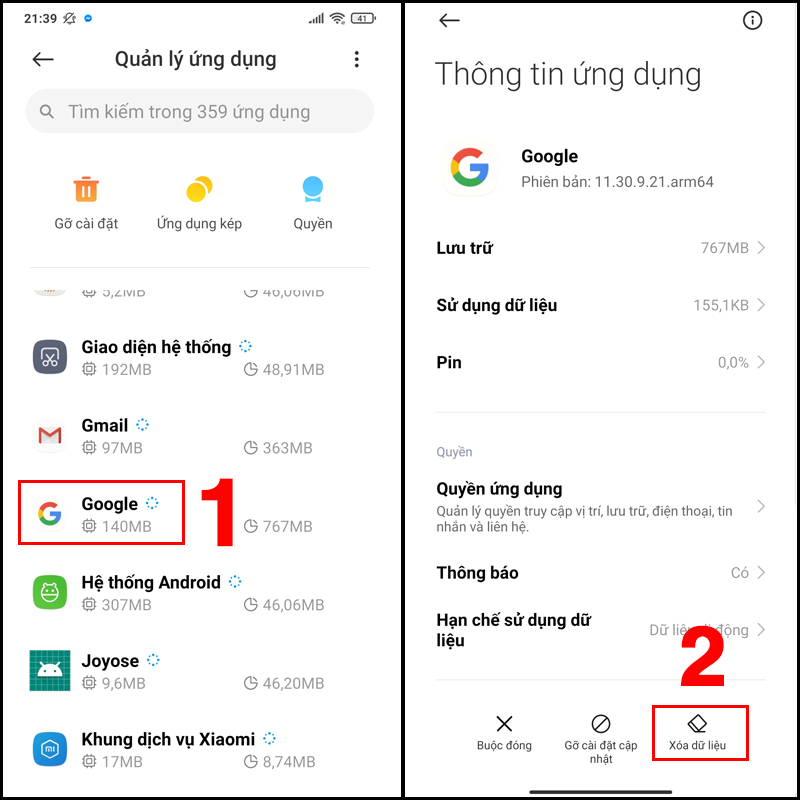 Xóa cache của ứng dụng Google