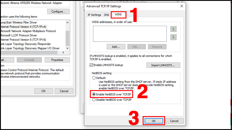 Kích hoạt NetBIOS bằng TCP/IP