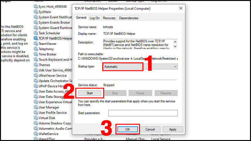 Kích hoạt TCP/IP NetBios Helper