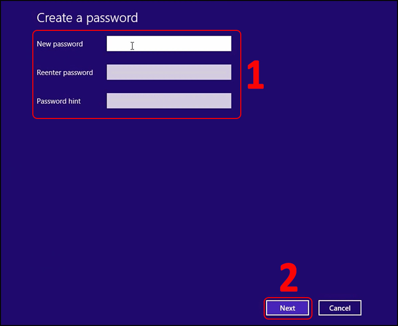 Tạo mật khẩu mới, xác nhận mật khẩu và password hint > Chọn Next.