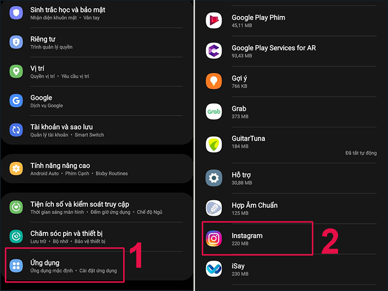 Tìm ứng dụng Instagram trong phần Cài đặt của điện thoại Android