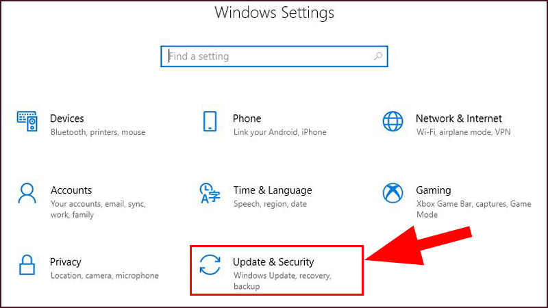 Mở ứng dụng Settings (bằng cách nhấn tổ hợp phím Windows + I) > Chọn Update & Security.